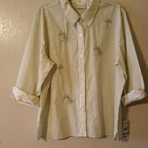Alfred Dunner Light Green Striped Shirt with Jeweled Embroidered Palms